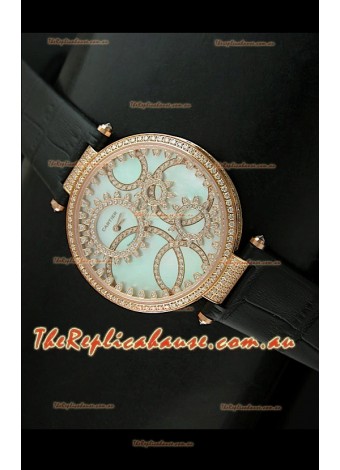 Cartier Replica Watch with Diamonds Embedded Dial Bezel in Gold Case/Black Strap