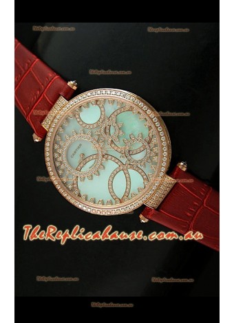 Cartier Replica Watch with Diamonds Embedded Dial Bezel in Gold Case/Brown Strap