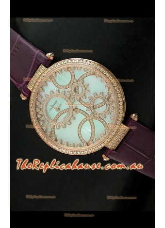 Cartier Replica Watch with Diamonds Embedded Dial Bezel in Gold Case/Maroon Strap