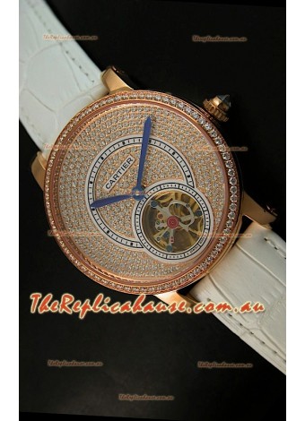 Ronde De Cartier Tourbillon Replica Watch Pink Gold Case - White Strap