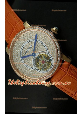 Ronde De Cartier Tourbillon Replica Watch Pink Gold Case - Brown Strap