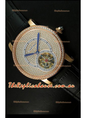 Ronde De Cartier Tourbillon Replica Watch Pink Gold Case - Black Strap