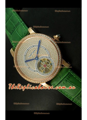 Ronde De Cartier Tourbillon Replica Watch Pink Gold Case - Green Strap