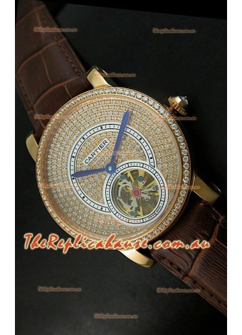 Ronde De Cartier Tourbillon Replica Watch Pink Gold Case - Dark Brown Strap