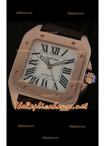 Cartier Santos 100 Swiss Replica watch in Rose Gold - White Dial