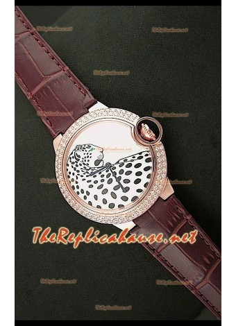Ballon De Cartier Pink Gold Watch with Leopard Dial in Brown Strap