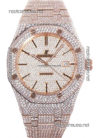 Audemars Piguet Royal Oak 15400 Iced Out Stick Markers Dial in Rose Gold Casing Swiss Replica Watch