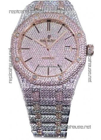 Audemars Piguet Royal Oak 15400 Iced Out Stick Markers Dial in Two Tone Rose Gold Casing Swiss Replica Watch