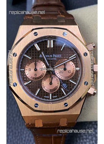 Audemars Piguet Royal Oak Chronograph Rose Gold Brown Dial Leather Strap Swiss Replica Watch