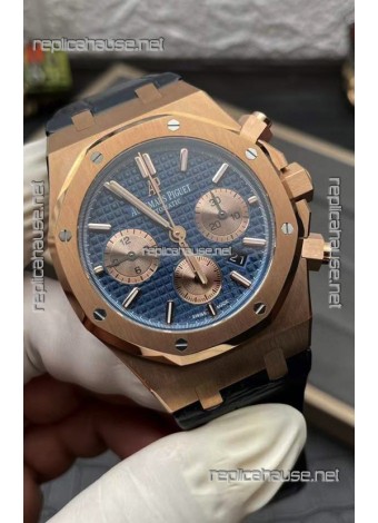 Audemars Piguet Royal Oak Chronograph Rose Gold Blue Dial Leather Strap Swiss Replica Watch