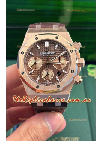 Audemars Piguet Royal Oak Chronograph Rose Gold Brown Dial Leather Strap Swiss Replica Watch