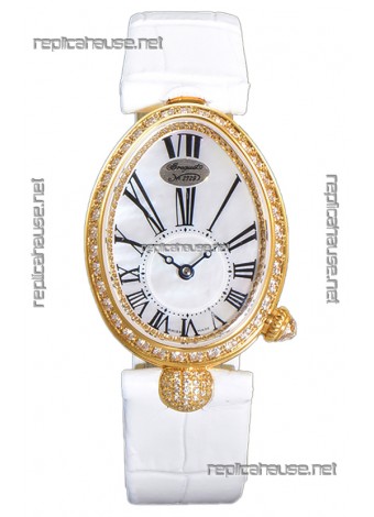 Breguet Replicas Reine De Naples Ladies Yellow Gold White Leather Swiss 1:1 Edition Replica Watch