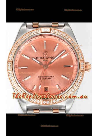 Breitling Chronomat 36MM 2 Tone Rose Gold Casing 1:1 Mirror Replica Watch Salmon Dial