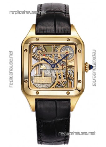 Cartier Santos Dumont Skeleton Yellow Gold Watch in Black Leather Strap 43.5MM