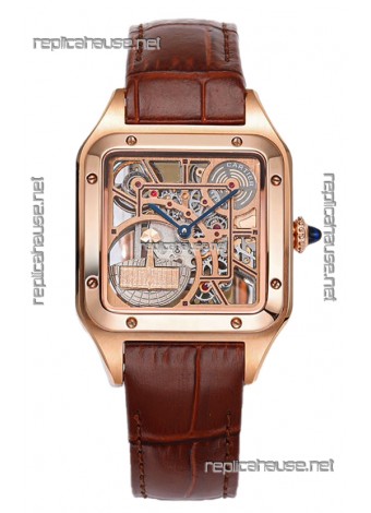 Cartier Santos Dumont Skeleton Rose Gold Watch in Brown Leather Strap 43.5MM