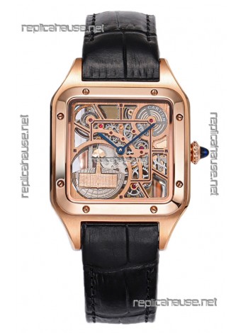 Cartier Santos Dumont Skeleton Rose Gold Watch in Black Leather Strap 43.5MM