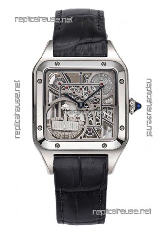 Cartier Santos Dumont Skeleton Stainless Steel Watch in Black Leather Strap 43.5MM