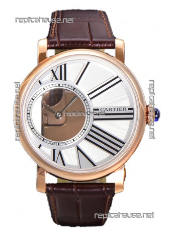 Rotonde De Cartier in Rose Gold Casing - Leather Strap Swiss Quartz Replica Watch 