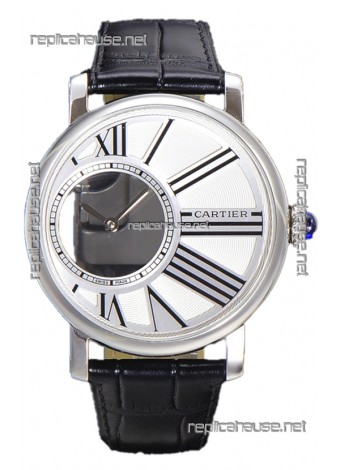Rotonde De Cartier in Stainless Steel Casing - Leather Strap Swiss Quartz Replica Watch 