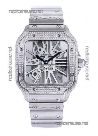 Santos De Cartier Watch in Skeleton Dial - Diamonds Bezel in Steel Casing & Strap Swiss Replica