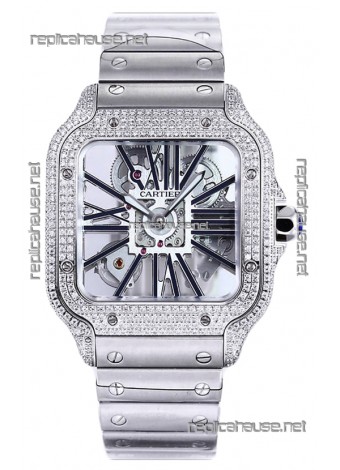 Santos De Cartier Watch in Skeleton Dial - Diamonds Bezel in Steel Casing Swiss Replica