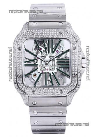 Santos De Cartier Watch in Skeleton Dial - Diamonds Bezel in Steel Casing Swiss Replica
