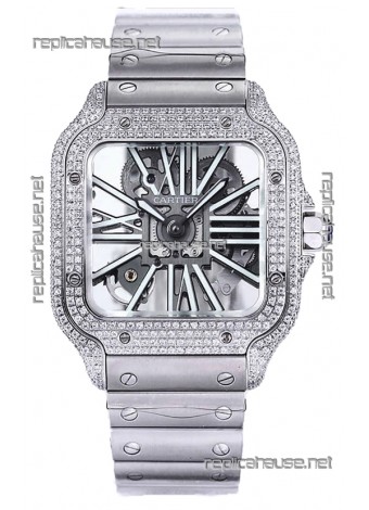 Santos De Cartier Watch in Skeleton Dial - Diamonds Bezel in Steel Casing Swiss Replica