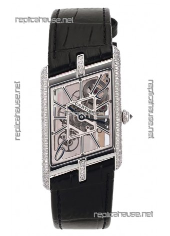 Cartier Tank Asymétrique Stainless Steel Casing Diamonds Bezel Watch in Leather Strap Swiss Replica