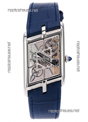 Cartier Tank Asymétrique Stainless Steel Casing Blue Strap Watch in Leather Strap Swiss Replica