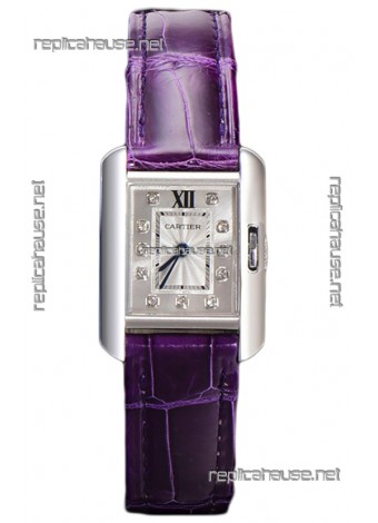 Cartier Tank Anglaise Stainless Steel Watch in Purple Leather Strap Swiss Quartz Watch 30MM