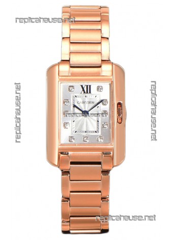 Cartier Tank Anglaise Rose Gold Watch in Steel Strap Diamonds Markers Swiss Quartz Watch 30MM