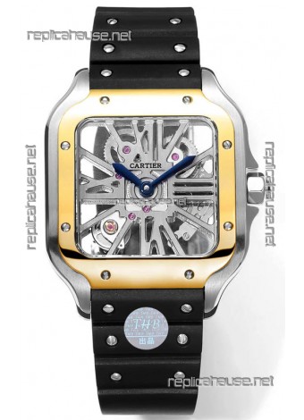 Santos De Cartier Watch in Skeleton Dial - Two Tone Bezel in Rubber Strap 