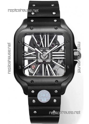 Santos De Cartier Watch in Skeleton Dial - DLC Coated Casing & Bezel  in Rubber Strap