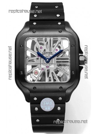 Santos De Cartier Watch in Skeleton Dial - DLC Coated Casing in Rubber Strap