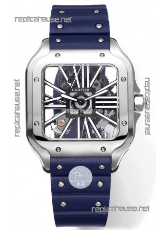 Santos De Cartier Watch in Skeleton Dial - Stainless Steel Casing Blue Rubber Strap