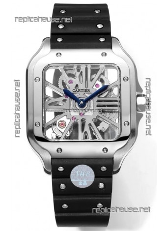 Santos De Cartier Watch in Skeleton Dial - Stainless Steel Casing & Bezel Black Rubber Strap