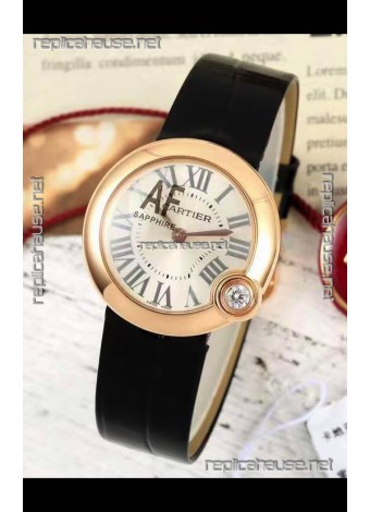 Ballon Blanc De Cartier Swiss Quartz Replica Watch in Rose Gold Casing Leather Strap 