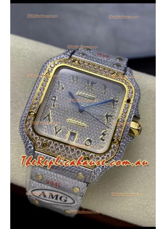Cartier "Santos De Cartier" 904L Steel Diamonds Gold Arabic Dial 1:1 Mirror Replica - 40MM - Genuine Diamonds