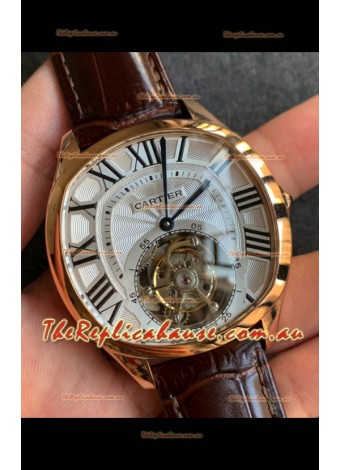Drive De Cartier Yellow Gold Tourbillon Super clone Replica Watch in White Dial 
