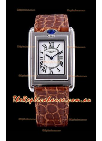 Cartier Tank Reversible Swiss Quartz Replica Watch in Steel Casing - Brown Strap
