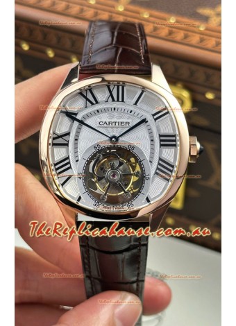 Drive De Cartier Rose Gold Tourbillon Super clone Replica Watch in White Dial 