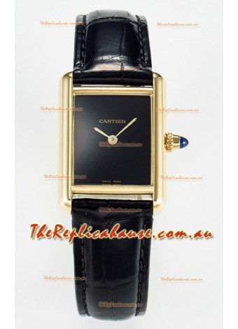 Tank Must Cartier Super Clone Edition 29MM Watch in Yellow Gold Casing Black Dial 