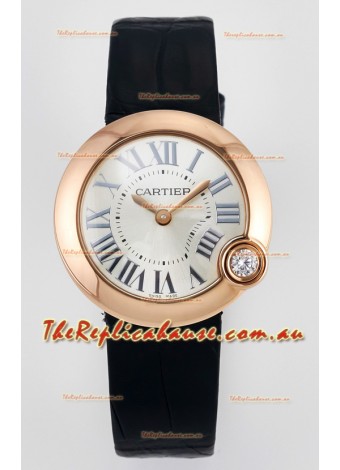 Ballon Blanc De Cartier Super Clone Watch 30MM in Rose Gold Casing Black Strap