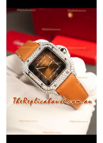 Santos De Cartier Watch in Brown Dial 39.50MM MOSSANITES Paved Bezel Swiss Replica Watch