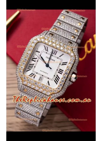 Santos De Cartier Watch in White Dial MOSSANITES Paved Edition Swiss Replica Watch