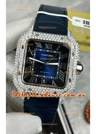 Santos De Cartier Watch in Blue Dial 39.50MM MOSSANITES Paved Bezel Swiss Replica Watch