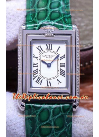 Cartier Tank Reversible Swiss Quartz Replica Watch in Steel Casing - Green Strap