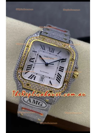 Cartier "Santos De Cartier" Two Tone White Dial 1:1 Mirror Replica - 40MM - Genuine Diamonds