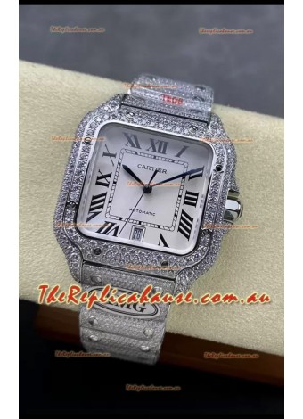 Cartier "Santos De Cartier" 904L Steel White Dial 1:1 Mirror Replica - 40MM - Genuine Diamonds