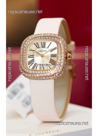 Coussin De Cartier Rose Gold Swiss Replica Watch White Strap 